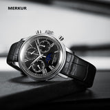Oblique side view of Pierre Paulin TY2908 black dial moonphase-style chronograph with black leather strap