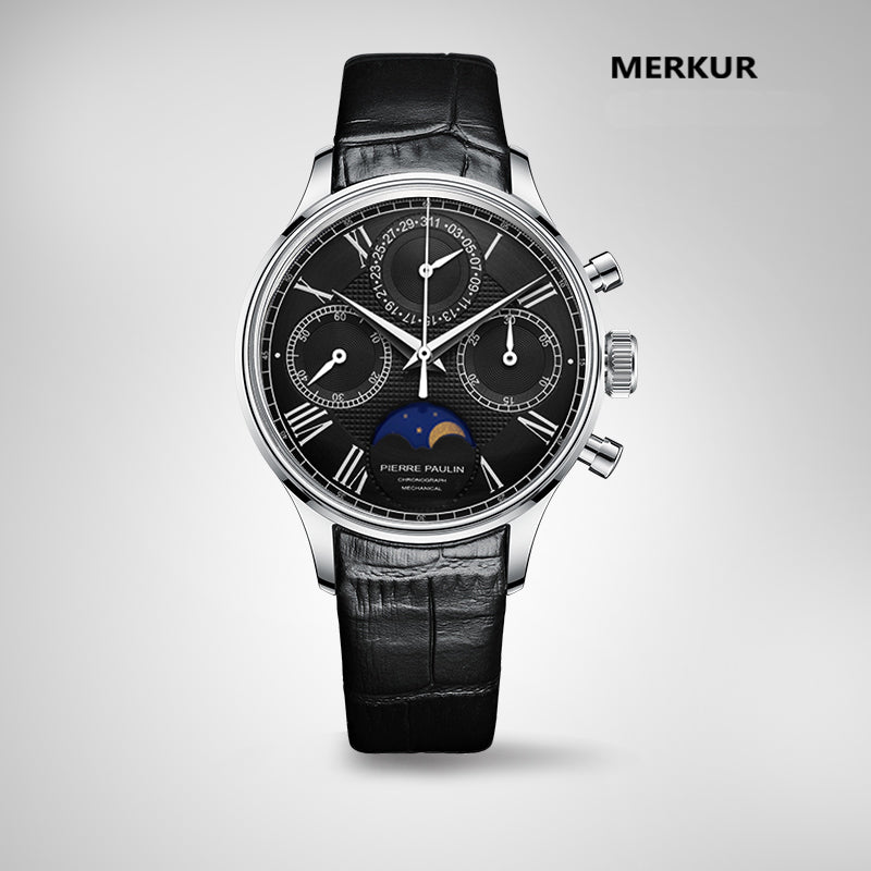 Pierre Paulin TY2908 black dial mechanical chronograph on a black leather strap front